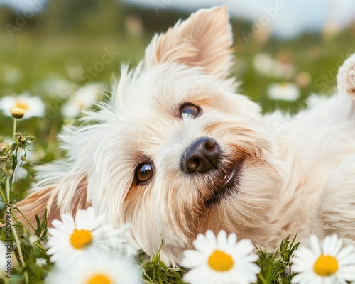 Petfluencer Marketing the Brighteyed Maltese Dog in Social Media Field of Daisies photo