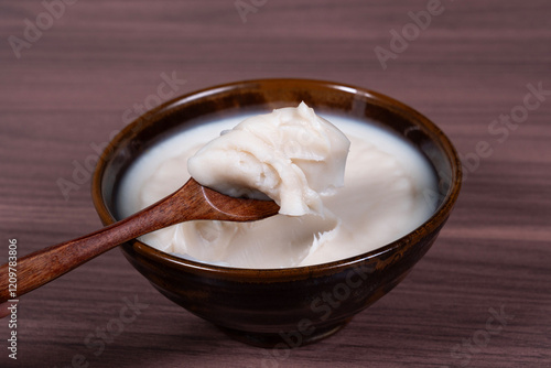 Lard congealed in a China bowl photo