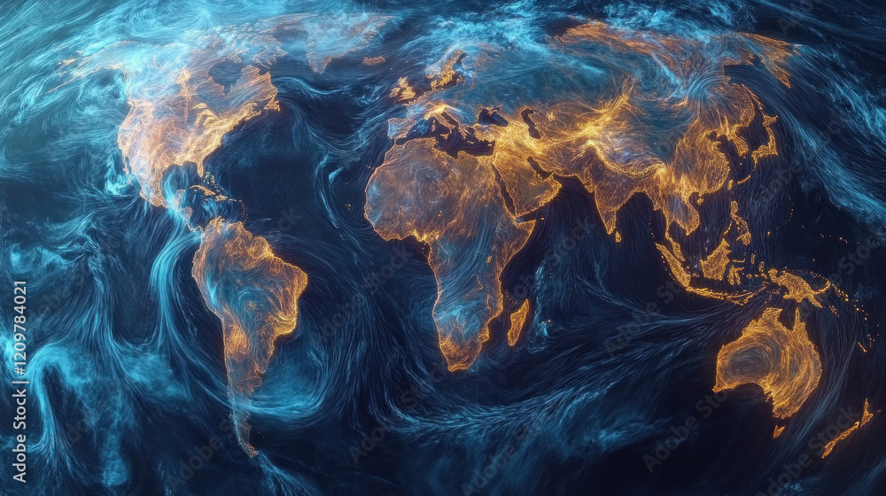 A meteorological visualization of jet streams across continents, with animated wind patterns A meteorological visualization of jet streams across continents, with animated wind patterns