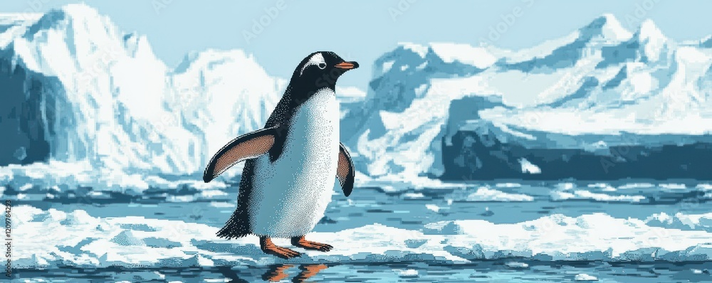 Obraz premium A pixel art illustration of a playful penguin waddling across the ice, its black and white plumage contrasting with the icy landscape.