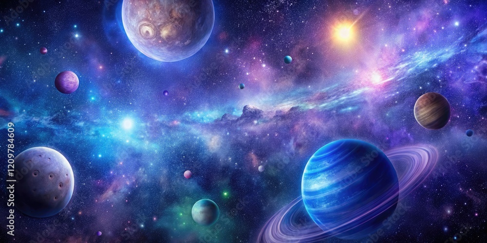 Fototapeta premium Cosmic night sky with stars, planets, and galaxies in shades of purple and blue, galaxies, purple, celestial, stars, nebulae