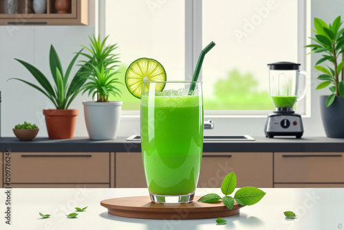 Fresh Green Smoothie in Minimalist Kitchen Setting