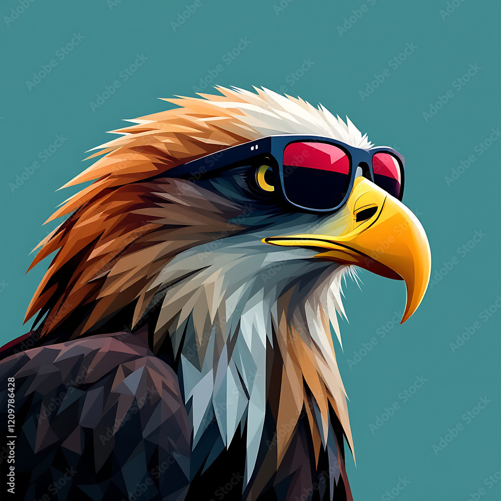 Fototapeta premium Majestic Eagle Wearing Sunglasses Against a Bold Turquoise Background, A Unique Art Piece