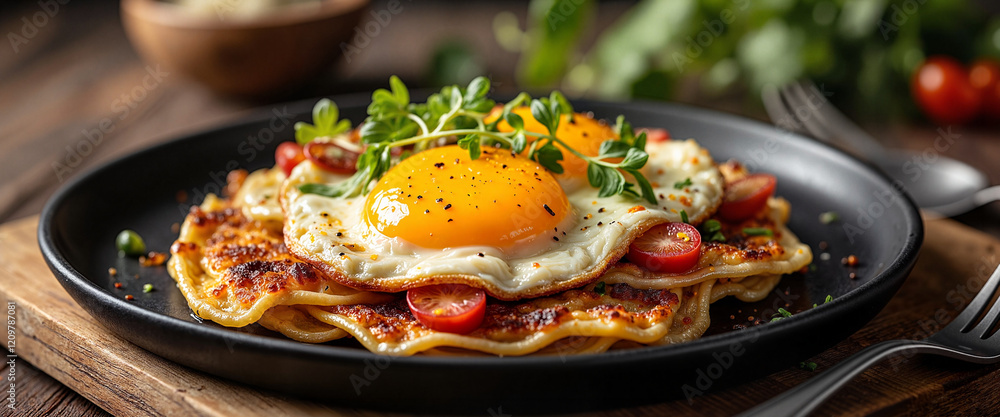 Delicious pyttipanna garnished with sunny-side-up egg on rustic counter, culinary delight Delicious pyttipanna garnished with sunny-side-up egg on rustic counter, culinary delight