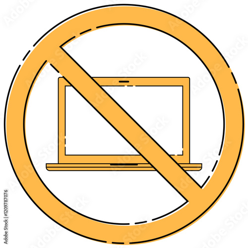 パソコン禁止マーク シンプル ベクター素材 破線 おしゃれ 黄色