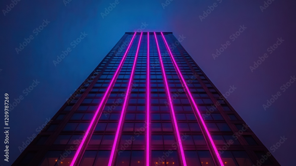 Neon Nightscape: A skyscraper illuminated with vibrant pink neon lights against a twilight sky. Neon Nightscape: A skyscraper illuminated with vibrant pink neon lights against a twilight sky.