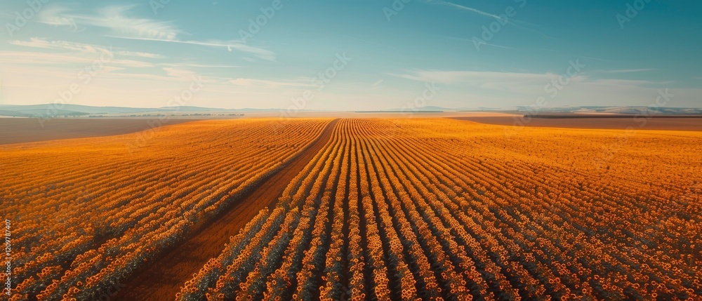 Fototapeta premium Expansive golden fields stretch under a clear sky, showcasing a tranquil agricultural landscape