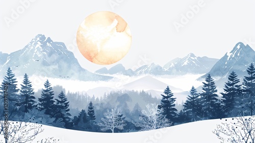 Round Frame with Mountains and Forest Watercolor Winter Scene