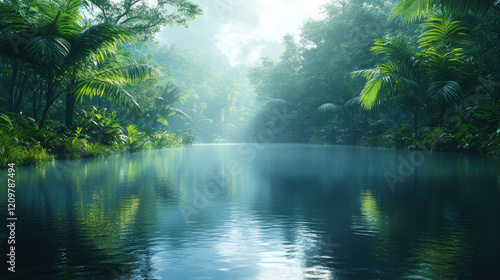 A serene image of a rainforest ecosystem, showcasing the interaction between animals, plants, and water