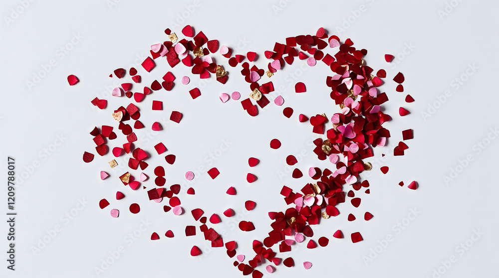 Heart Shape Made of Red, Pink, and Gold Confetti on White Background
Heart Shape Made of Red, Pink, and Gold Confetti on White Background