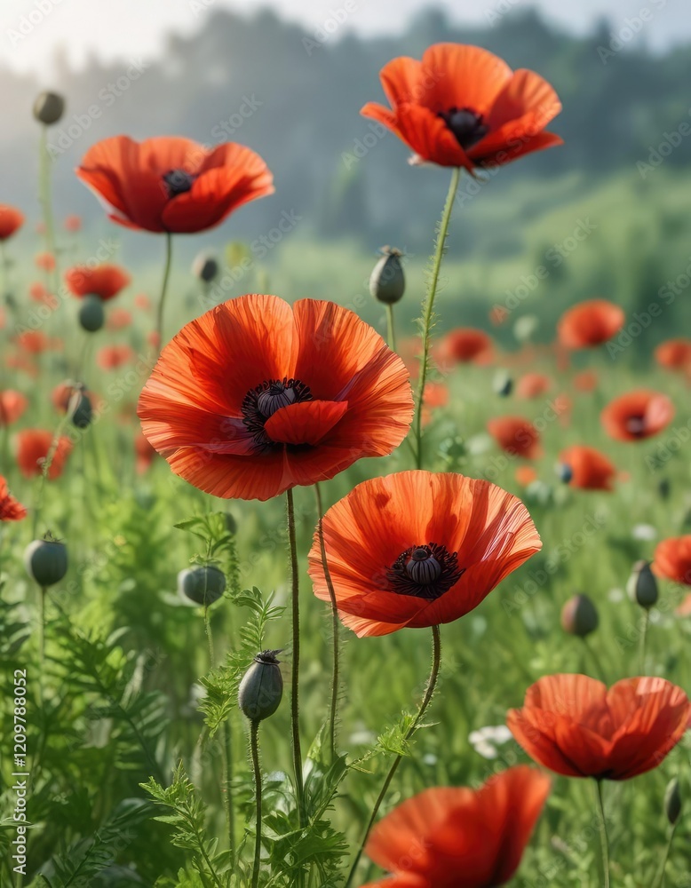 Fototapeta premium Delicate red poppy blooms on a soft, gradient meadow background with blurred flowers and lush greenery, countryside, wildflowers,