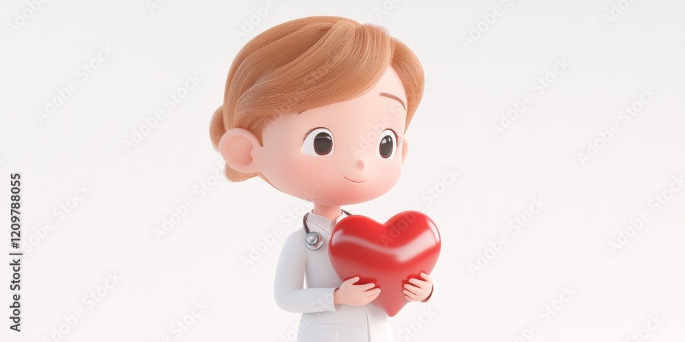 Caring Doctor: A 3D rendered cartoon of a female doctor with a stethoscope, holding a red heart, exuding warmth, compassion, and care. The image conveys a sense of trust, empathy. Caring Doctor: A 3D rendered cartoon of a female doctor with a stethoscope, holding a red heart, exuding warmth, compassion, and care. The image conveys a sense of trust, empathy.