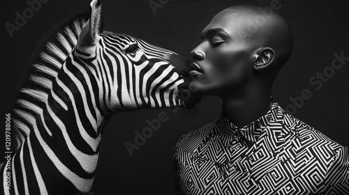 striking black and white portrait featuring man and zebra, showcasing unique connection. geometric patterns on man shirt complement zebra stripes, creating visually captivating image