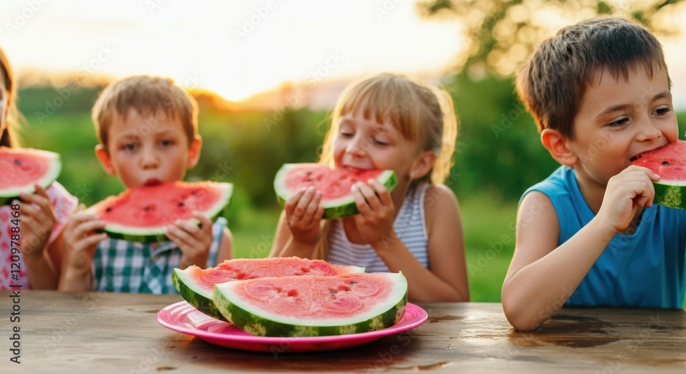 Children enjoying fresh watermelon slices during a sunny outdoor picnic Children enjoying fresh watermelon slices during a sunny outdoor picnic