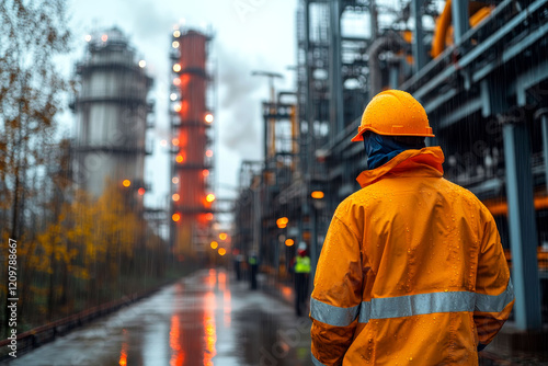 Rainy day hydrotreating plant, worker inspecting industrial refinery in reflective wet conditions photo