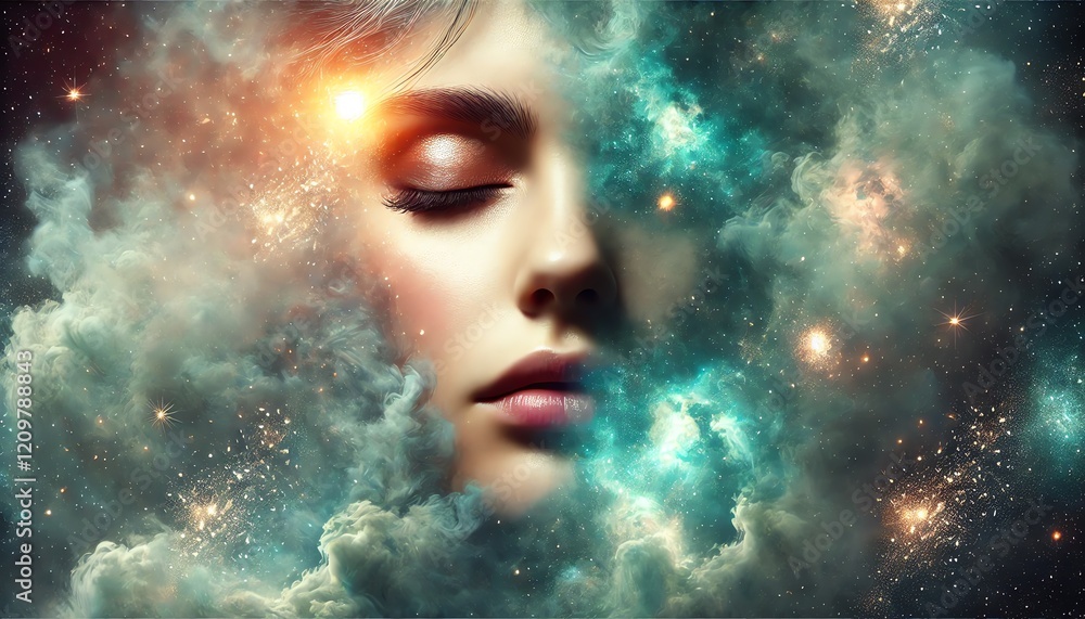 A surreal image of a woman’s face blending seamlessly with cosmic clouds and nebulae, as if forming from the mist A surreal image of a woman’s face blending seamlessly with cosmic clouds and nebulae, as if forming from the mist