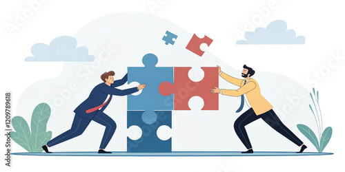 Businessmen Collaborating to Fit Jigsaw Puzzle Pieces Together
