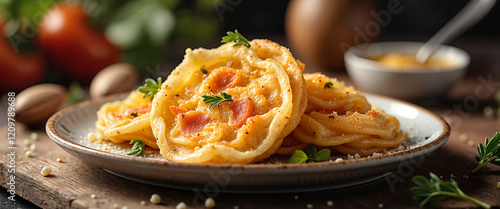 Freshly cooked papanasi in cozy kitchen with evening light, culinary delight photo