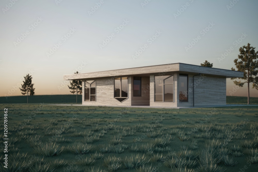 Modern, minimalist single-story house nestled in a tranquil grassy field at sunset.