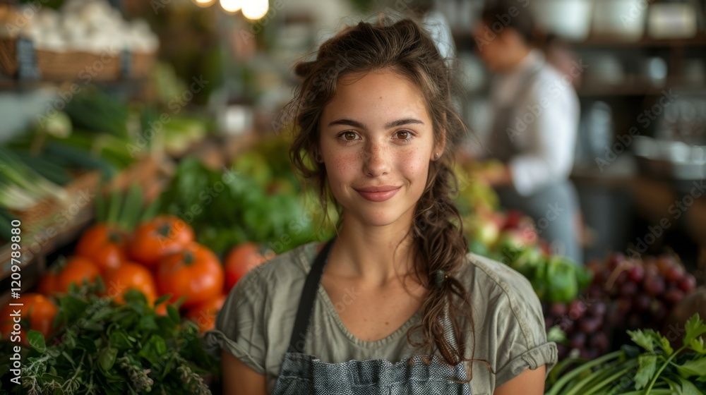 Healthy Lifestyle. zero-waste cooking class demonstrating techniques for using food scraps and leftovers to create delicious meals. woman stands in front of table packed with various vegetables Healthy Lifestyle. zero-waste cooking class demonstrating techniques for using food scraps and leftovers to create delicious meals. woman stands in front of table packed with various vegetables