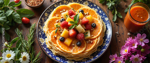 Colorful papanasi dessert with fruit garnishes in lush garden setting, summer indulgence photo