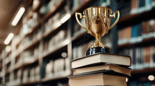 A golden trophy placed on a stack of books in a library, symbolizing academic excellence