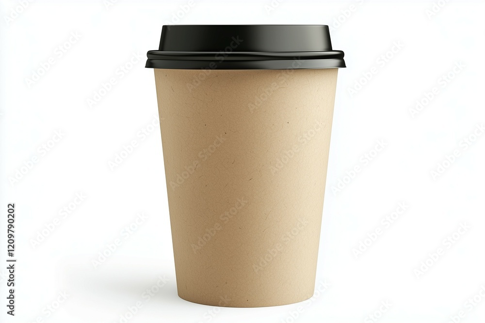 Photo of a blank kraft paper coffee cup with a black lid, isolated on a white background. This is a mockup template Photo of a blank kraft paper coffee cup with a black lid, isolated on a white background. This is a mockup template