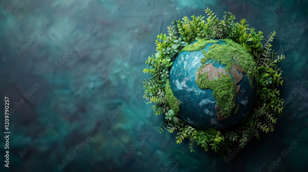 Fototapeta premium the Earth globe covered with green plants and trees, symbolizing ecological balance and care for the environment