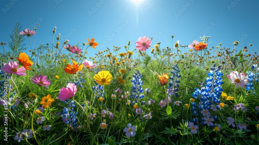 Lush green grass with a variety of wildflowers fills the lower portion and extends to the sides. Clear blue sky occupies the top half, leaving ample space for text overlay Lush green grass with a variety of wildflowers fills the lower portion and extends to the sides. Clear blue sky occupies the top half, leaving ample space for text overlay