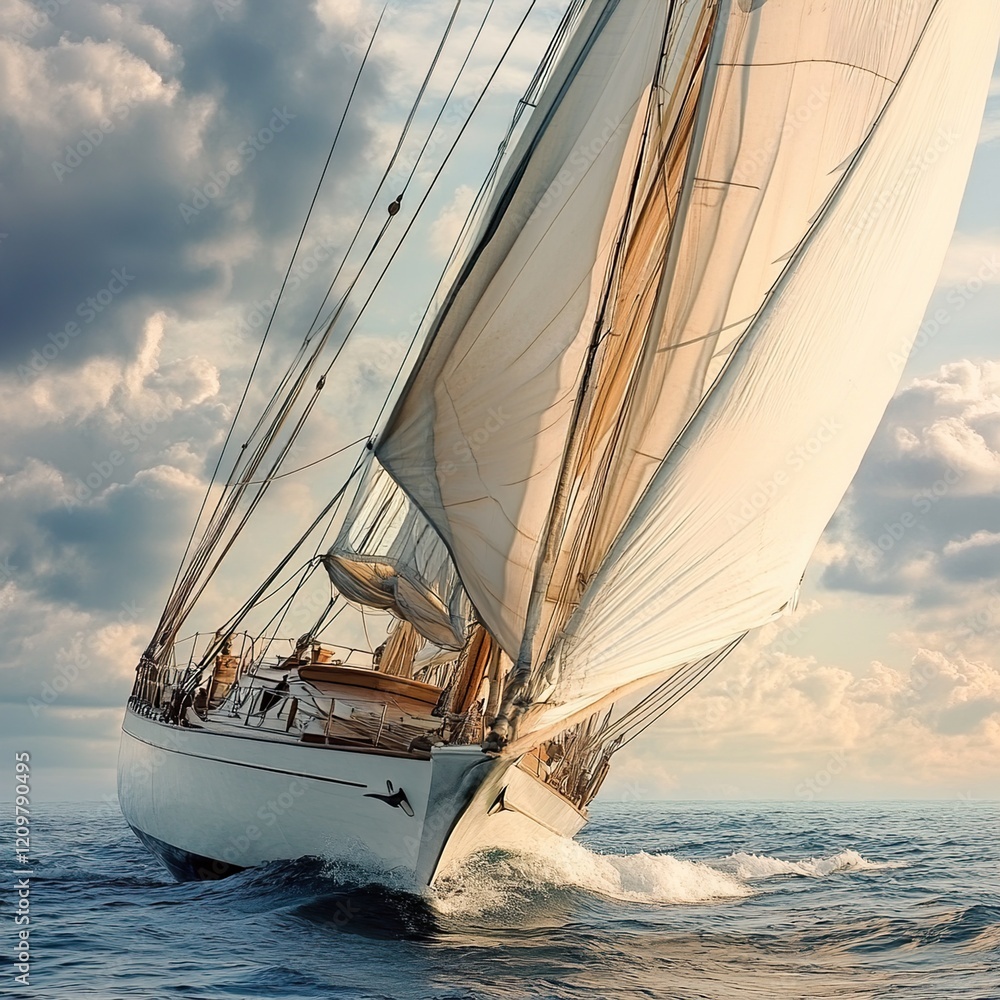 Fototapeta premium Majestic Sailing Yacht at Sea, Classic Boat, Ocean Voyage