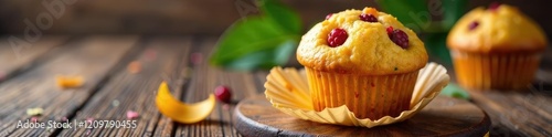 Einzelne heidelbeeren muffin auf einem Tisch mit Bl?ttern, bl?tter, bunte, lecker photo