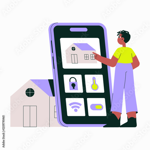 Smart Home Control System On Smartphone With Male User In Flat Vector Illustration Symbolizing Home Automation, Security, And Technology, Isolated On White Background.