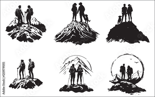 hiking set of silhouettes of people