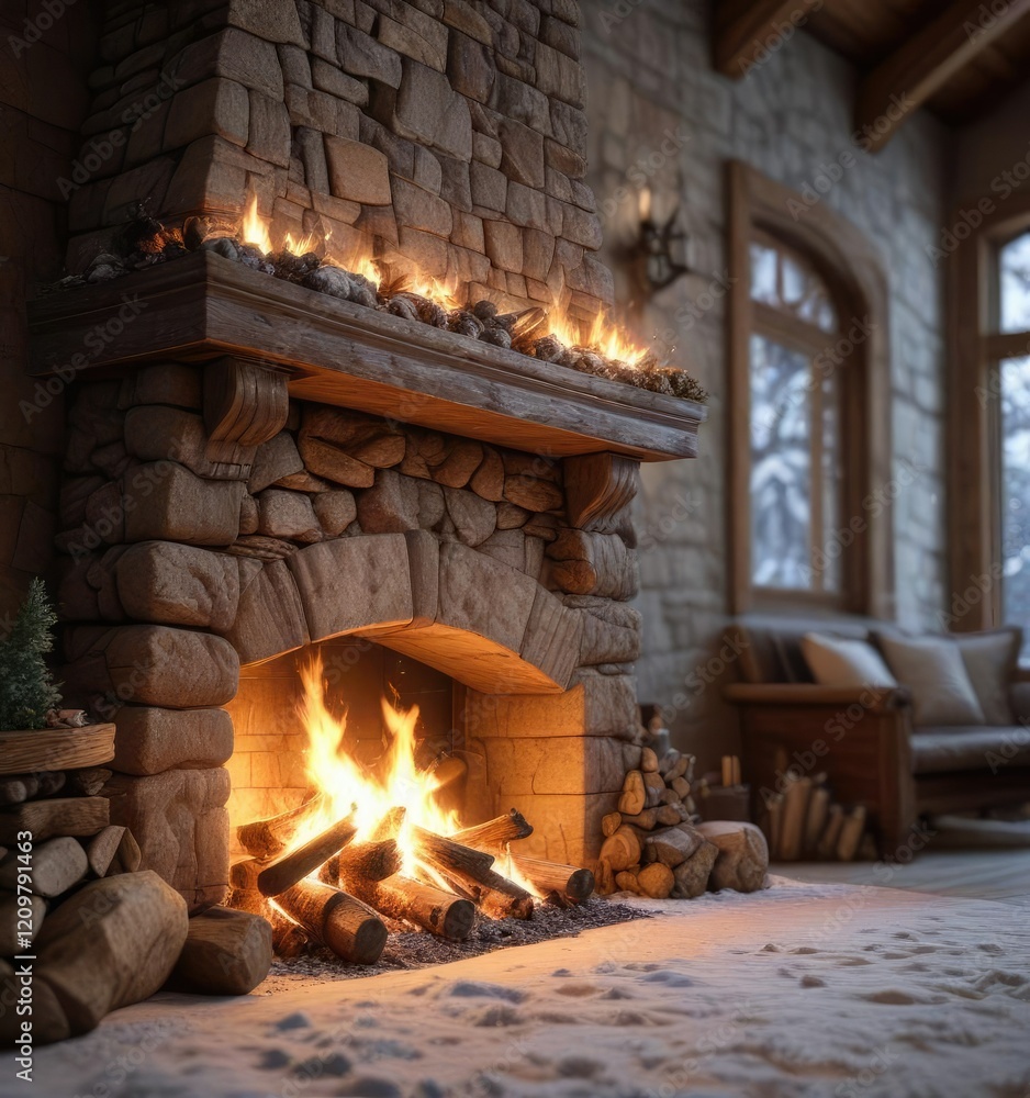 Fire burning in a large stone fireplace with a winter wonderland scene outside, flames, cozy, stone fireplace Fire burning in a large stone fireplace with a winter wonderland scene outside, flames, cozy, stone fireplace