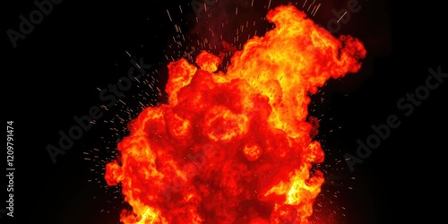 Fiery explosion with flames engulfing and sparks flying in multiple directions, incendiary ignition, intense heat photo