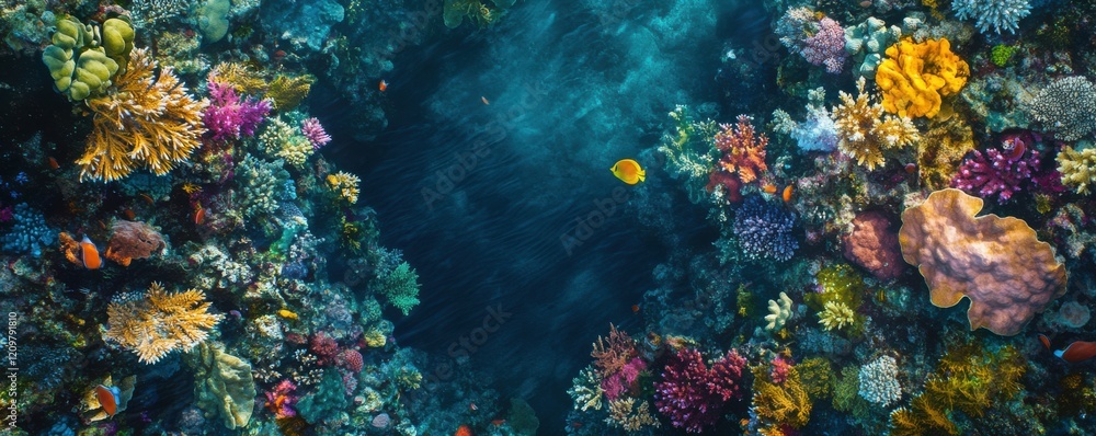 Fototapeta premium Aerial view of a vibrant coral reef teeming with colorful marine life.