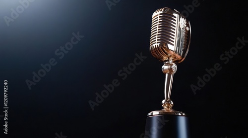 A shining trophy next to a microphone on a stage, ready for an awards ceremony
