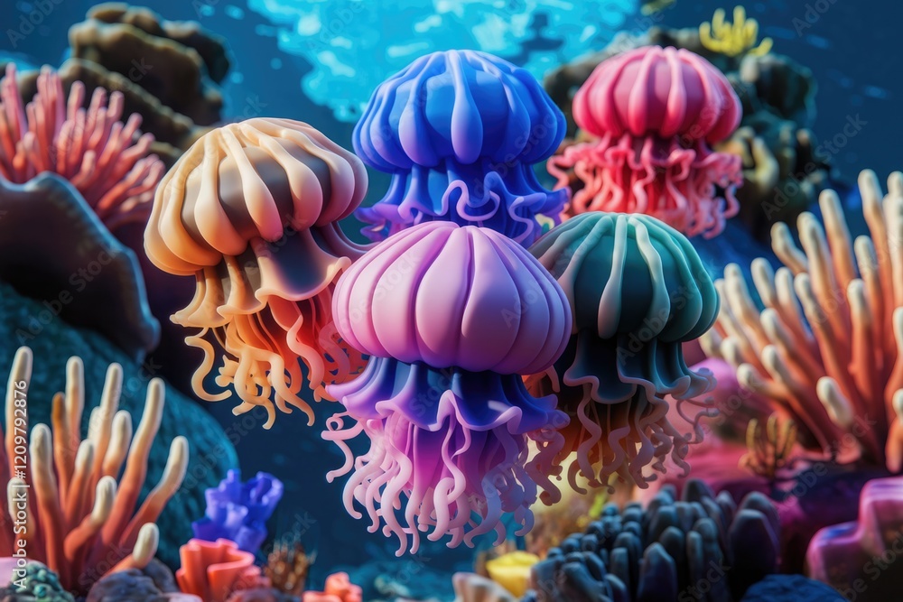Fototapeta premium Vibrant jellyfish of various colors gracefully float amidst a coral reef, showcasing stunning underwater beauty.