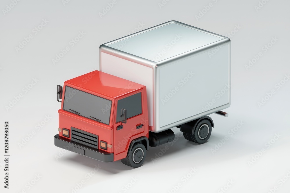 A red delivery truck with a blank silver box on a white background. A red delivery truck with a blank silver box on a white background.