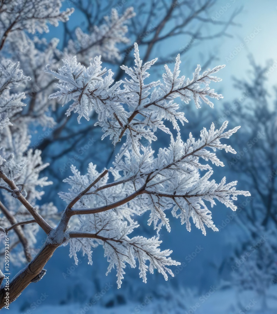 Frost-covered branches against a blue background, frozen, detail, glistening Frost-covered branches against a blue background, frozen, detail, glistening