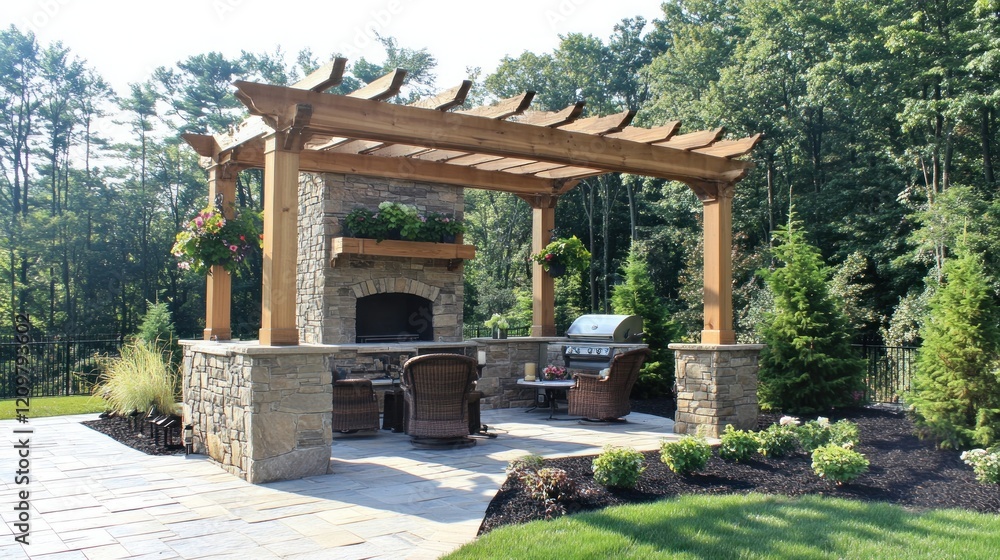 Naklejka premium Outdoor Kitchen with Stone Fireplace and Pergola