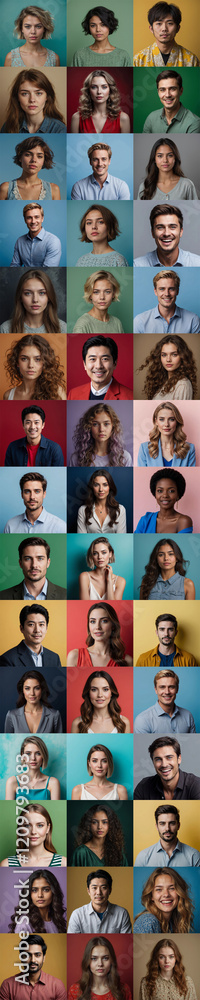 Fototapeta premium Inclusive Photo Collage of Studio Portraits Featuring Diverse Men and Women from Various Ethnic Backgrounds, Highlighting Unique Expressions and Colorful Backgrounds for Versatile Creative Projects