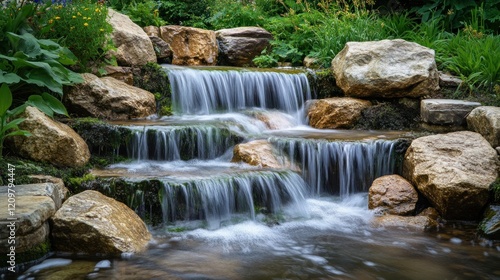 Serene Cascading Waterfall in a Garden