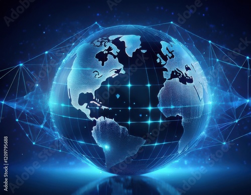 Floating blue plexus geometric. Blue futuristic background with planet Earth shape