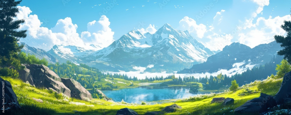Fototapeta premium Stunning mountain landscape with a serene lake and clear sky