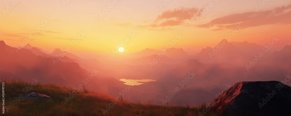Stunning sunrise view of a misty mountain valley, natural beauty. Stunning sunrise view of a misty mountain valley, natural beauty.