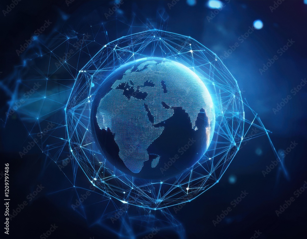 Floating blue plexus geometric. Blue futuristic background with planet Earth shape Floating blue plexus geometric. Blue futuristic background with planet Earth shape