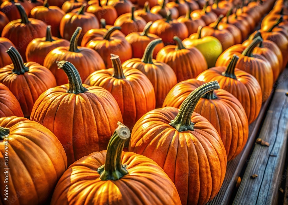 Aerial View of Abundant Ripe Orange Pumpkins in a Row - Autumn Harvest Aerial View of Abundant Ripe Orange Pumpkins in a Row - Autumn Harvest