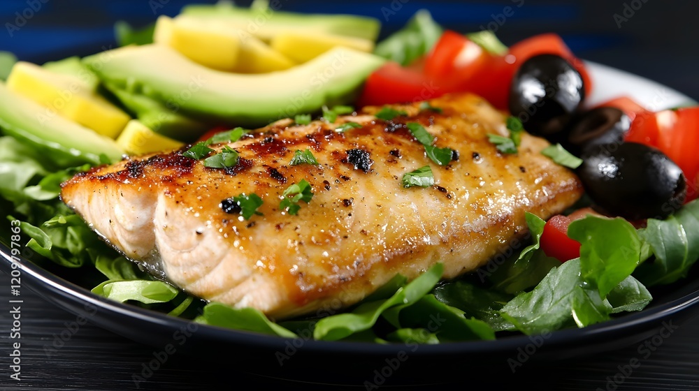 Grilled salmon salad, avocado, tomatoes, olives, dark wood background; healthy food recipe Grilled salmon salad, avocado, tomatoes, olives, dark wood background; healthy food recipe