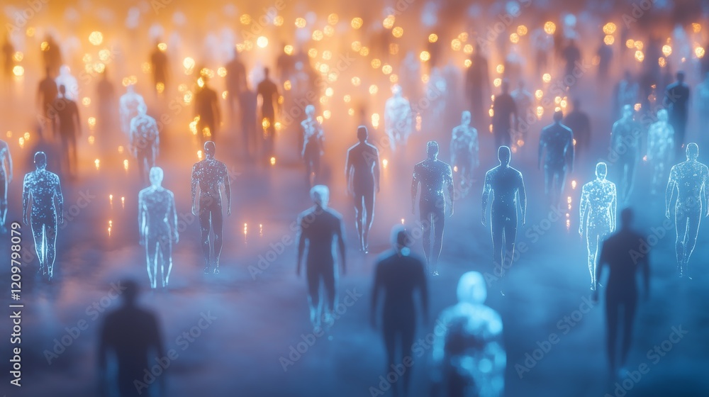 Obraz premium In a surreal landscape, numerous translucent figures walk toward a warm glow in the distance. The mist enhances the ethereal quality, creating a captivating atmosphere reminiscent of twilight.